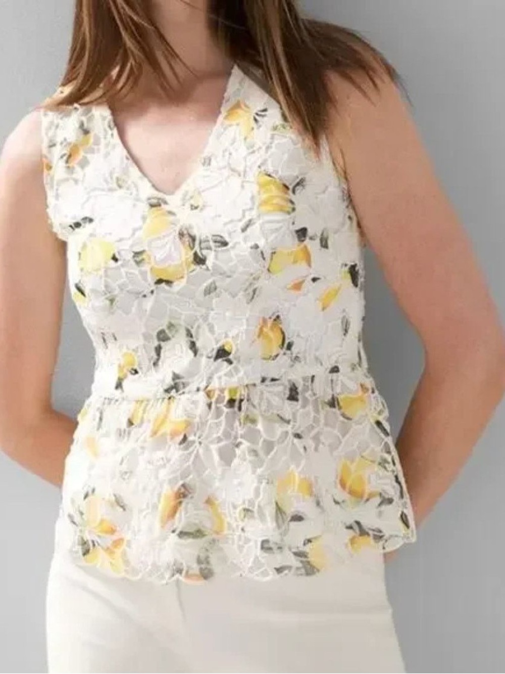 White House Black Market white lace lemon print peplum top blouse Spring 14